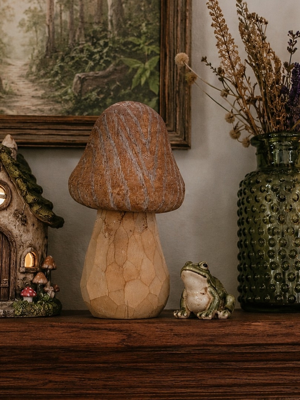 Decorative Carved Mushroom RUSTIC Resin Faux Wood 7"  Whimsical Cottage Country